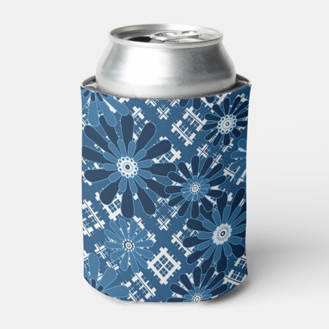 Seamless abstract modern chequered plaid floral bl can cooler (Can Front)