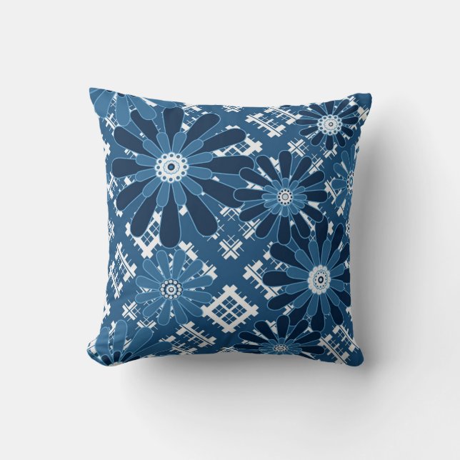 Seamless abstract modern chequered plaid floral bl cushion (Front)