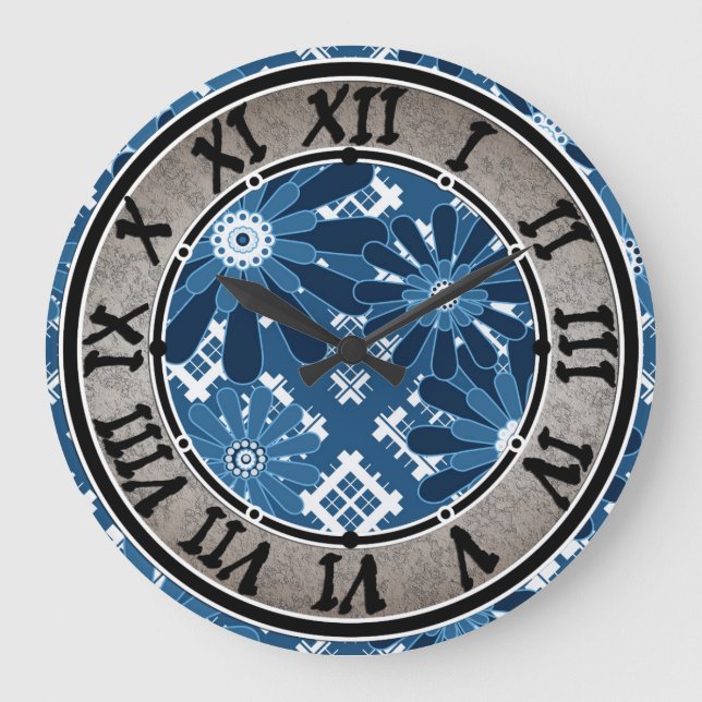 Seamless abstract modern chequered plaid floral bl large clock (Front)