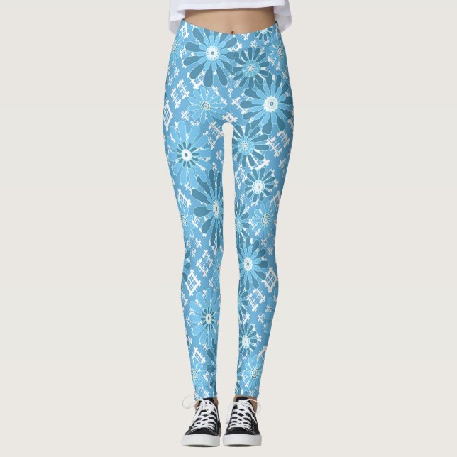 Seamless abstract modern chequered plaid floral bl leggings (Front)