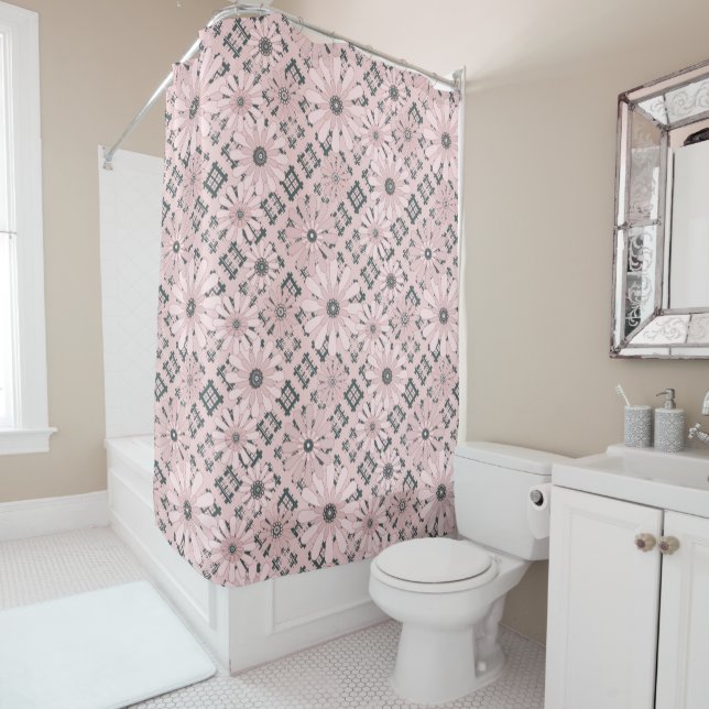 Seamless abstract modern chequered plaid floral pi shower curtain (In Situ)