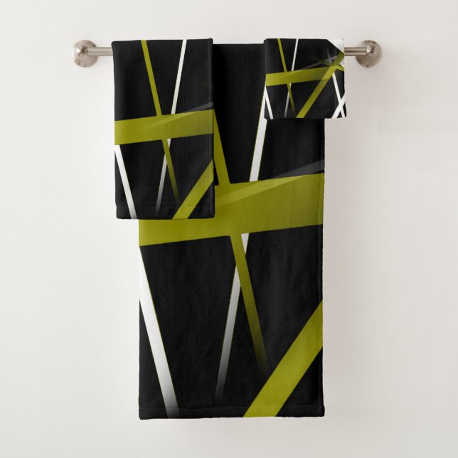 Seamless Abstract Olive  and White Lines On Black Bath Towel Set (Insitu)
