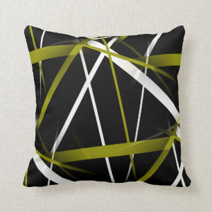 Seamless Abstract Olive  and White Lines On Black Cushion