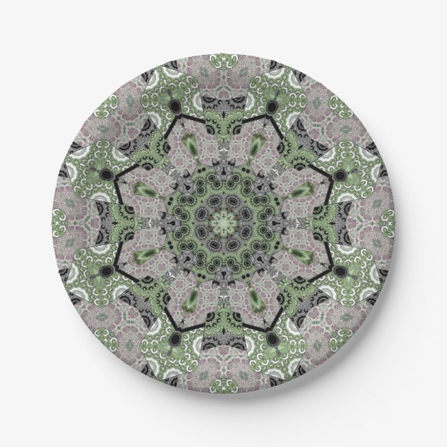Seamless abstract ornamental grey green black deco paper plate (Front)