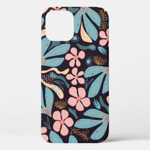 Seamless abstract pattern, floral motif, dark back iPhone 12 case