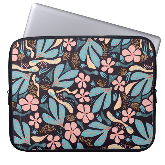 Seamless abstract pattern, floral motif, dark back laptop sleeve (Front)