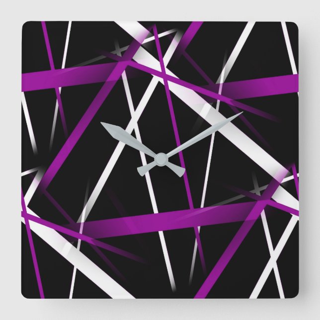Seamless Abstract Purple and White Lines On Black Square Wall Clock (Front)