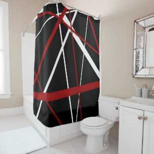 Seamless Abstract Red and White Lines On Black Bac Shower Curtain