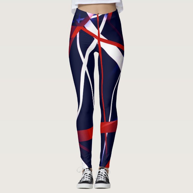 Seamless Abstract Red and White Stripes on A Blue Leggings (Front)