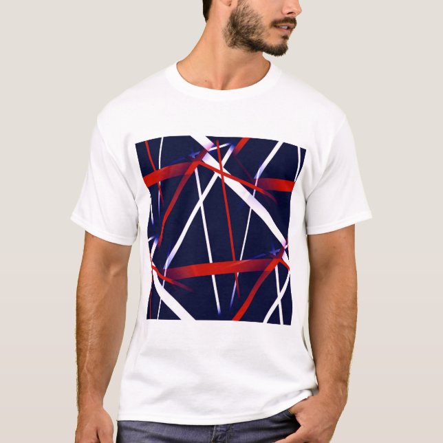 Seamless Abstract Red and White Stripes on A Blue T-Shirt (Front)
