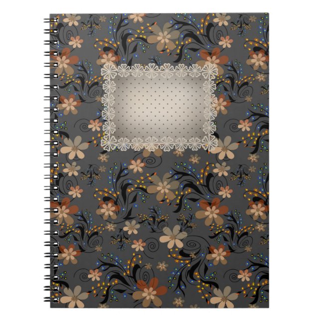 Seamless abstract retro beige flowers grey backgro notebook (Front)