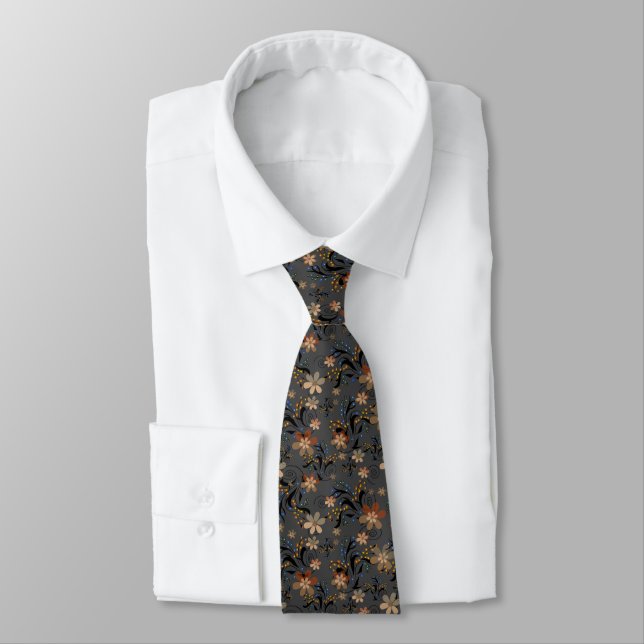 Seamless abstract retro beige flowers grey backgro tie (Tied)