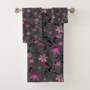 Seamless abstract retro violet flowers grey backgr bath towel set