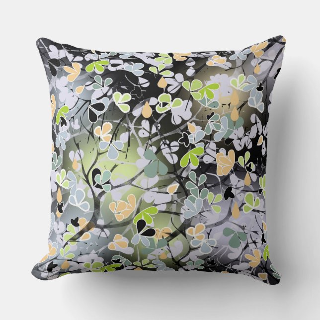Seamless abstract spring tree branches leaves blac cushion (Front)