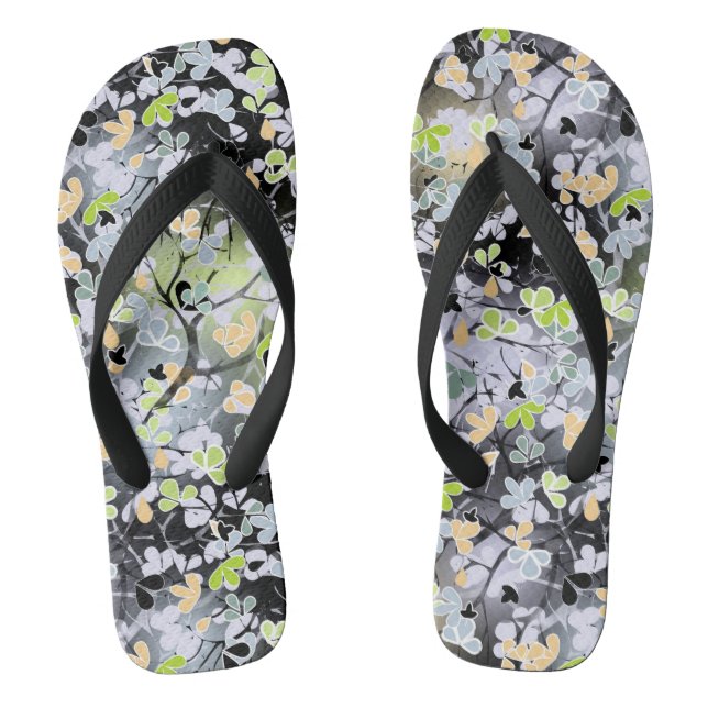 Seamless abstract spring tree branches leaves blac flip flops (Footbed)