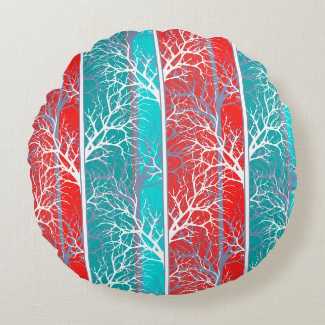 Seamless abstract trees branch blue coral red line round cushion (Front)