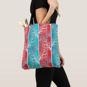 Seamless abstract trees branch blue coral red line tote bag