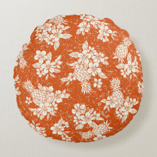 Seamless aloha pattern of hibiscus and pineapple, round cushion