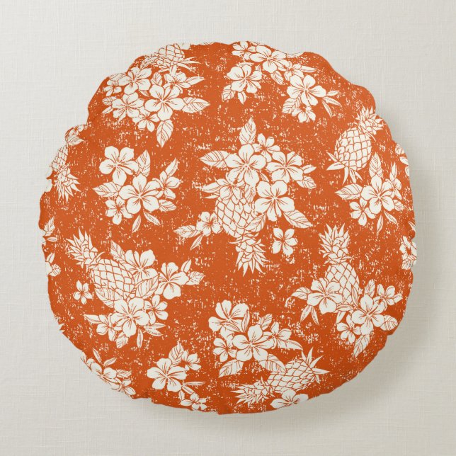 Seamless aloha pattern of hibiscus and pineapple,  round cushion (Front)