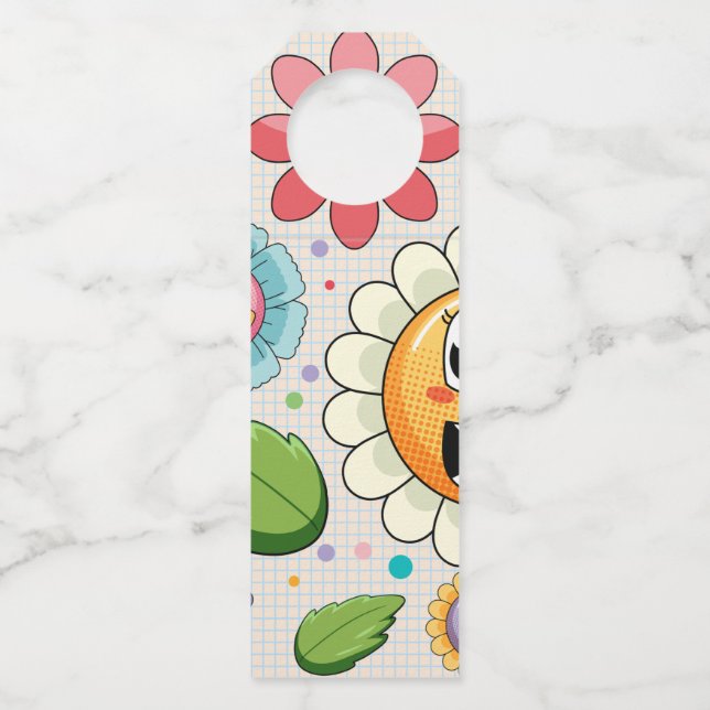 Seamless background design with colourful flowers bottle tag (Front)
