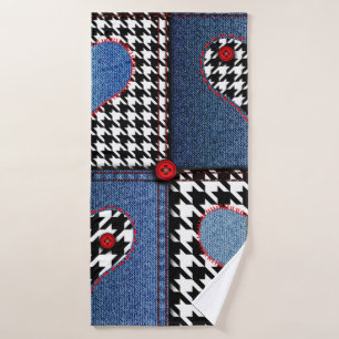 Seamless background pattern. Patchwork of denim fa Bath Towel