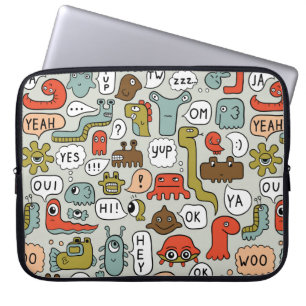 seamless background with cute cartoon monsters laptop sleeve