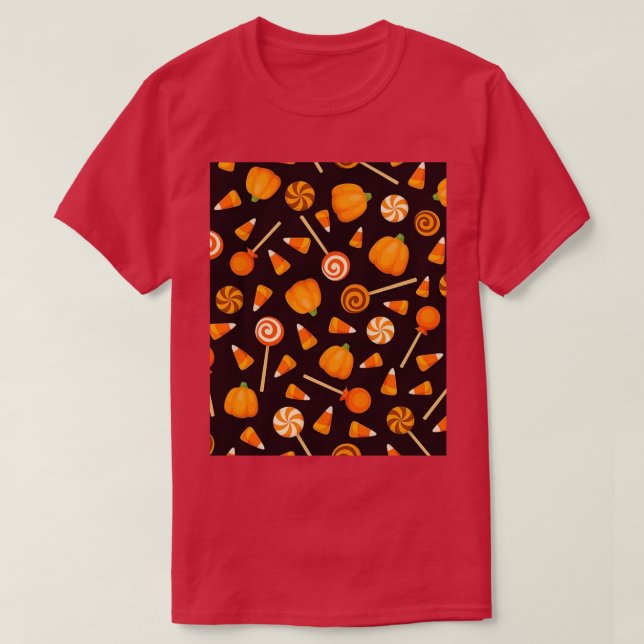 Seamless background with orange Halloween candies  T-Shirt (Design Front)