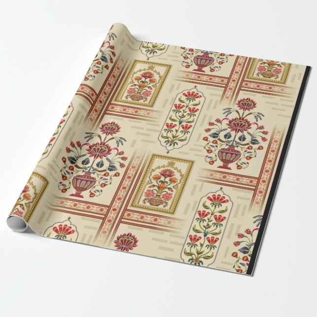 Seamless beautiful mughal flower motif with patter wrapping paper (Unrolled)
