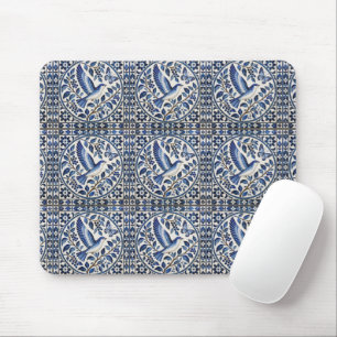 Seamless Bird and Butterfly Blue Tile Pattern Mouse Mat