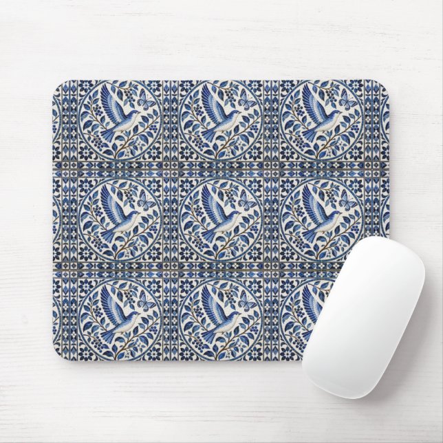 Seamless Bird and Butterfly Blue Tile Pattern Mouse Mat (With Mouse)