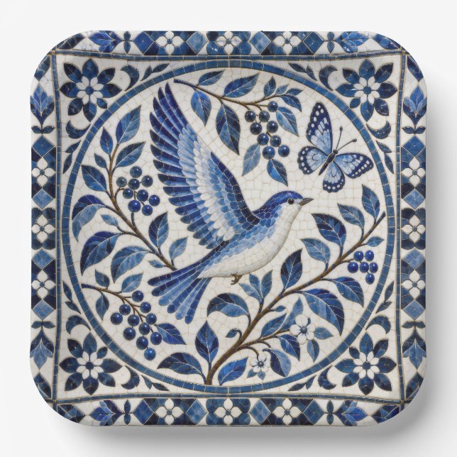 Seamless Bird and Butterfly Blue Tile Pattern Paper Plate (Front)