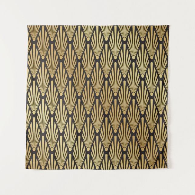 Seamless black and gold Art Deco palm leaf pattern Tapestry (Front)