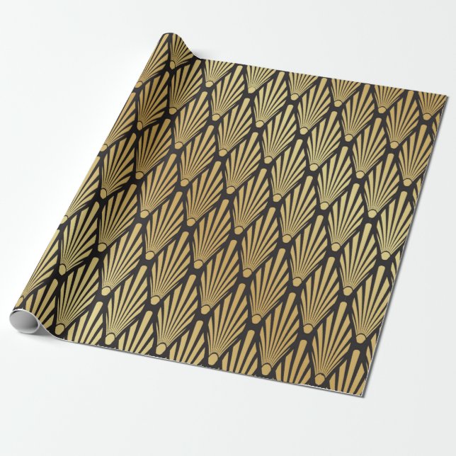 Seamless black and gold Art Deco palm leaf pattern Wrapping Paper (Unrolled)