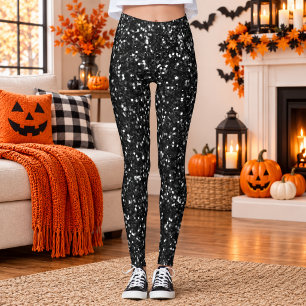 Seamless Black Glitter Sparkly Printed Halloween Leggings