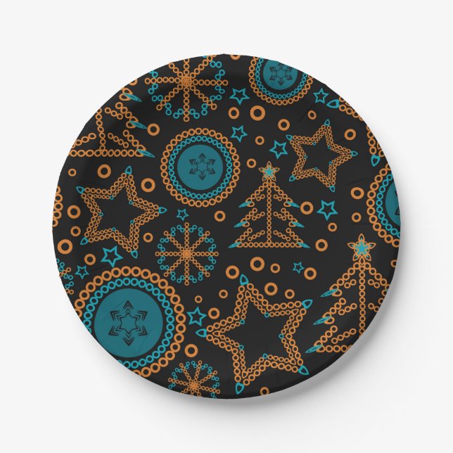 Seamless black Merry Christmas ornamental decor tr Paper Plate (Front)