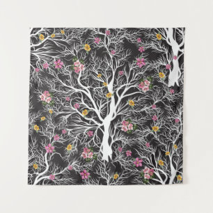 seamless black tree with colorful flower pattern tapestry