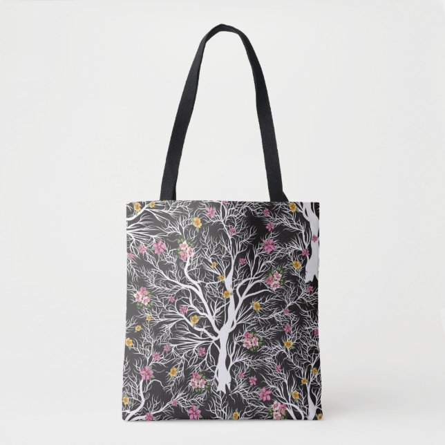 seamless black tree with colorful flower pattern tote bag (Front)