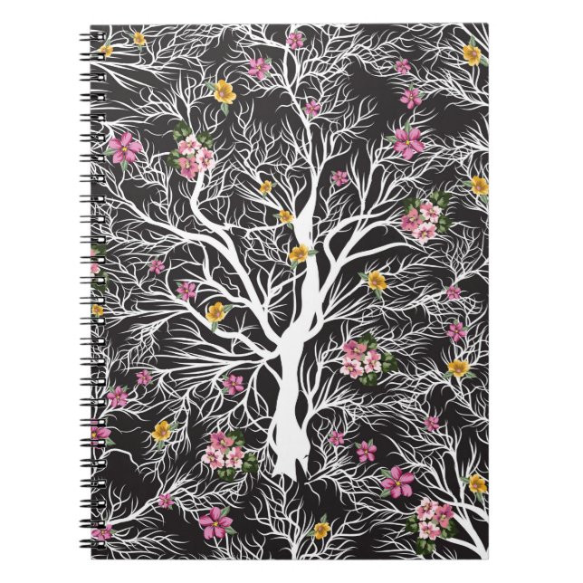 seamless black tree with colourful flower pattern notebook (Front)