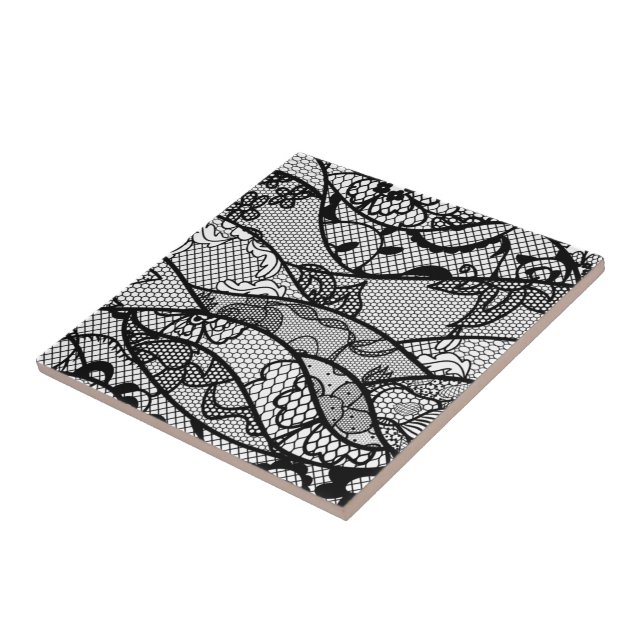 Seamless Black White Lace Floral Ceramic Tile (Side)
