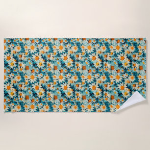 Seamless Blue, White, and Yellow Daisy Flower Beach Towel
