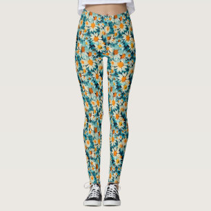 Seamless Blue, White, and Yellow Daisy Flower Leggings