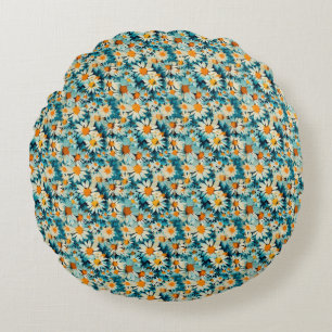 Seamless Blue, White, and Yellow Daisy Flower Round Cushion