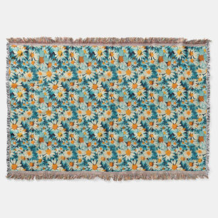 Seamless Blue, White, and Yellow Daisy Flower Throw Blanket