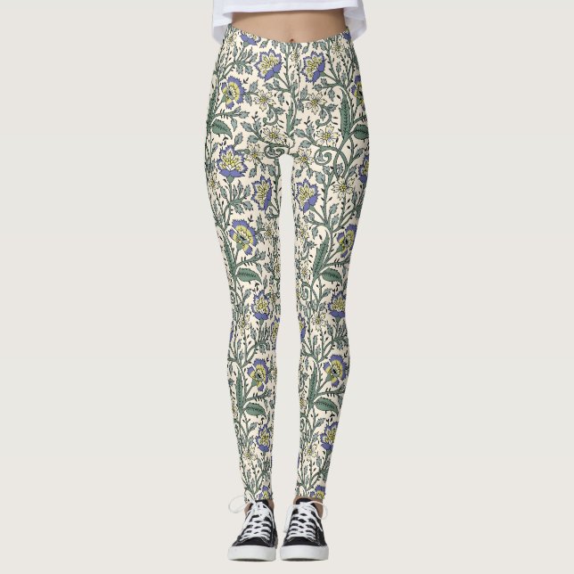 Seamless blue, yellow, and white floral pattern  leggings (Front)