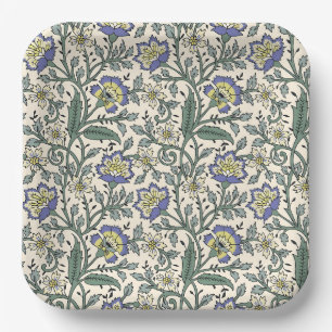 Seamless blue, yellow, and white floral pattern paper plate