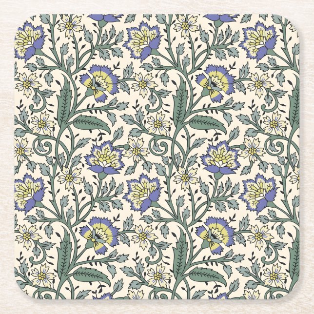 Seamless blue, yellow, and white floral pattern  square paper coaster (Front)