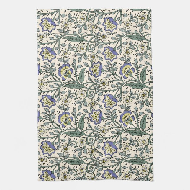 Seamless blue, yellow, and white floral pattern  tea towel (Vertical)