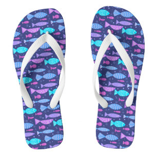 Seamless boho flat pattern with doodle fishes flip flops