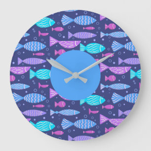 Seamless boho flat pattern with doodle fishes  large clock