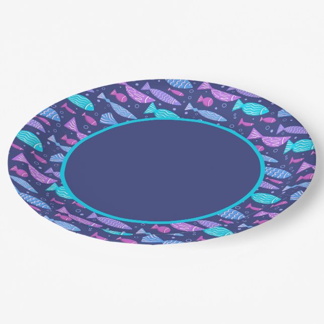 Seamless boho flat pattern with doodle fishes  paper plate (Angled)